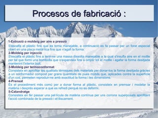 Procesos de fabricació : S'escalfa el plàstic fins que es torna manejable, a continuació es fa passar per un forat especial obert en una placa metàl·lica fins que n'agafi la forma. 2-Moldeig per injecció  S 'escalfa el plàstic fins a tenir-ne una massa dissolta manejable a la qual s'insufla aire en el motlle per tal que formi una bombolla que s'expandeix fins a omplir tot el motlle i agafar la forma desitjada mantenint l'interior buit. 3-Moldeig per termoconformat  Consisteix en aprofitar les qualitats tèrmiques dels materials per donar-los la forma desitjada gràcies a un conformador compost per grans quantitats de pues mòbils que, aplicades contra la superfície d'un cos, permeten reproduir-ne amb exactitud la forma i les dimensions. 4-Prensat És el procediment més comú per a donar forma al plàstic, consisteix en premsar i modelar la matèria i després esperar a que es refredi perquè no es deformi.  5-Calandratge Consisteix en fer passar una pel·lícula de matèria contínua per uns corrons superposats aprofitant l'acció combinada de la pressió i el lliscament. 1-Extrusió o moldeig per aire a pressió 