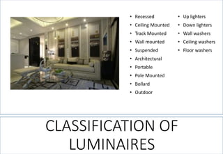 CLASSIFICATION OF LUMINAIRES 
•Recessed 
•Ceiling Mounted 
•Track Mounted 
•Wall mounted 
•Suspended 
•Architectural 
•Portable 
•Pole Mounted 
•Bollard 
•Outdoor 
•Up lighters 
•Down lighters 
•Wall washers 
•Ceiling washers 
•Floor washers  