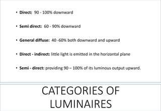 CATEGORIES OF LUMINAIRES 
•Direct: 90 -100% downward 
•Semi direct: 60 -90% downward 
•General diffuse: 40 -60% both downward and upward 
•Direct -indirect: little light is emitted in the horizontal plane 
•Semi -direct: providing 90 –100% of its luminous output upward.  