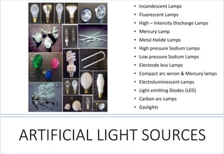 ARTIFICIAL LIGHT SOURCES 
•Incandescent Lamps 
•Fluorescent Lamps 
•High –Intensity Discharge Lamps 
•Mercury Lamp 
•Metal Halide Lamps 
•High pressure Sodium Lamps 
•Low pressure Sodium Lamps 
•Electrode less Lamps 
•Compact arc xenon & Mercury lamps 
•Electroluminescent Lamps 
•Light emitting Diodes (LED) 
•Carbon arc Lamps 
•Gaslights  