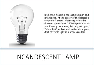 Inside the glass is a gas such as argon and or nitrogen. At the center of the lamp is a tungsten filament. Electricity heats this filament up to about 2500 degrees Celsius. Just like any hot metal, the tungsten gets “white hot” at that heat and emits a great deal of visible light in a process called. 
INCANDESCENT LAMP  
