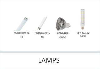 Fluorescent TL 
T5 
Fluorescent TL 
T8 
LED MR16 
GU5-3 
LED Tubular Lamp 
LAMPS  