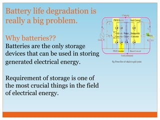 Battery life degradation is
really a big problem.
Why batteries??
Batteries are the only storage
devices that can be used in storing
generated electrical energy.
Requirement of storage is one of
the most crucial things in the field
of electrical energy.
 