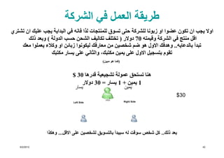 ‫طريقة العمل في الشركة‬
‫اوال يجب ان تكون عضوا او زبونا للشركة حتى تسوق للمنتجات لذا فانه في البداية يجب عليك ان تشتري‬
       ‫اقل منتج في الشركة وقيمته 07 دوالر ) تختلف تكاليف الشحن حسب الدولة ( وبعد ذلك‬
    ‫تبدأ بالدعايه.. وھدفك االول ھو ضم شخصين من معارفك ليكونوا زبائن او وكالء يعملوا معك‬
                  ‫تقوم بتسجيل االول على يمين مكتبك، والثاني على يسار مكتبك‬
                                           ‫)كما ھو مبين(‬


                            ‫ھنا تستحق عمولة تشجيعية قدرھا 03 $‬
                                ‫1 يمين + 1 يسار = 03 دوالر‬
                              ‫يسار‬                         ‫يمين‬
                                                                                ‫03$‬
                             ‫‪Left Side‬‬                     ‫‪Right Side‬‬




                ‫بعد ذلك.. كل شخص سوقت له سيبدأ بالتسويق لشخصين على االقل... وھكذا‬

    ‫2102/2/6‬                                                                            ‫24‬
 