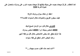 ‫كما الحظت.. كل 3 مبيعات جديده على يمينك يقابلھا 3 مبيعات جديده اخرى على يسارك ستحصل على‬
                                ‫عموله قدرھا 03$‬


                            ‫اعتقد ان ھناك سؤال يراودك االن!!‬
                   ‫كيف سيكون الفريق والعموالت خالل السنوات القادمه؟؟؟‬


                         ‫فلنفرض خالل فتره من الزمان اصبح لديك‬
                      ‫0004 شخص يمينك / و / 0004 شخص يسارك‬
                 ‫ھذا الرقم تحقق عند بعض االشخاص خالل اقل من 01 أشھر‬
                          ‫وعند البعض االخر تحقق في 01 سنوات‬



                         ‫**انت تحدد ھذه الفتره حسب جھدك....**‬
   ‫2102/2/6‬                                                                        ‫44‬
 