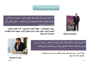 ‫”اذا كنت تريد انت تتعلم كيف تكون غنيا – يجب ان تبدا في‬
‫معرفه وفھم السلطه الموجوده في الشبكات – اغنى الناس في‬
                                    ‫العالم بنوا الشبكات“‬
    ‫روبرت كايوزاكي - مؤلف الكتاب الشھير ” االب الغني واالب‬
‫الفقير“الذي حصل علي جائزه افضل كتاب مبيعات في الواليات‬
                                          ‫المتحده االمريكيه‬                     ‫‪Robert kiyosaki‬‬




                                   ‫اذا خسرت كل ما املك وكان علي البدء من جديد – احب ان اري‬
                                      ‫نفسي احد كبار شبكه التسويق وابدا في الحصول على العمل‬

                                            ‫دونالد ترامب– رجل اعمال شھير والمدير التنفيذي لمؤسسه ترامب العقاريه‬
                                                                                        ‫بالواليات المتحده االمريكيه‬
      ‫‪Donald Trump‬‬
    ‫2102/2/6‬                                                                                                     ‫55‬
 