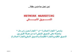 ‫نحن نعمل معا ً ضمن مظلة...‬


                          ‫‪NETWORK MARKETING‬‬
                            ‫التســــــــويق الشبـــــــــكي‬


                 ‫وتسمى” التجارة المباشرة “ او ” التجارة بدون راس مال “‬
                 ‫ولمعرفه معنى التسويق الشبكي ال بد من معرفة الفرق بين‬
           ‫التسويق التقليدي)التجارة التقليدية( والتسويق الشبكي)التجارة المباشرة(‬




‫2102/2/6‬                                                                           ‫6‬
 