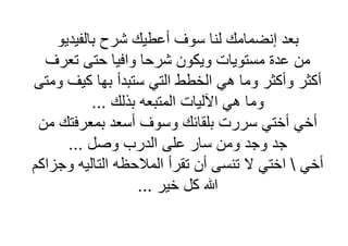 ‫بعد إنضمامك لنا سوف أعطيك شرح بالفيديو‬
  ‫من عدة مستويات ويكون شرحا وافيا حتى تعرف‬
‫أكثر وأكثر وما ھي الخطط التي ستبدأ بھا كيف ومتى‬
           ‫وما ھي اآلليات المتبعه بذلك ...‬
 ‫أخي أختي سررت بلقائك وسوف أسعد بمعرفتك من‬
      ‫جد وجد ومن سار على الدرب وصل ...‬
‫أخي  اختي ال تنسى أن تقرأ المالحظه التاليه وجزاكم‬
                    ‫كل خير ...‬
 