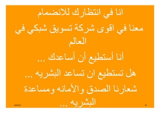 ‫انا في انتظارك لالنضمام‬
 ‫معنا في اقوى شركة تسويق شبكي في‬
                ‫العالم‬
       ‫أنا أستطيع أن أساعدك ...‬
   ‫ھل تستطيع ان تساعد البشريه ...‬
   ‫شعارنا الصدق واألمانه ومساعدة‬
‫2102/2/6‬     ‫البشريه ...‬            ‫97‬
 