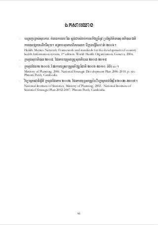 Éksareyag
-

bNþajrgVas;suxPaB/ KMeragkargar nig sþg;darsMrab;karGPivDÆn¾nUv RbB½n§B½t’mansuxaPi)alCati
kare)aHpSayelIkTImYy. GgÁkarsuxPaBBiPBelak TIRkughSWENv qMa 2006.
Health Metrics Network. Framework and standards for the development of country
health Information system, 1st edition. World Health Organization, Geneva, 2006.

-

RksYgsuxaPi)al 2008/ EpnkaryuT§saRsþsuxaPi)al 2008-2015
RksYgEpnkar 2006/ EpnkaryuT§saRsþGPivDÆn¾Cati 2006-2010/ TMB½r xiv.
Ministry of Planning, 2006. National Strategic Development Plan 2006-2010, p. xiv.
Phnom Penh, Cambodia

-

viTüasßanCatisßiti RksYgEpnkar 2002/ EpnkaryuT§saRsþén viTüasßanCatisßit 2002-2007.
National Institute of Statistics, Ministry of Planning, 2002. National Institute of
Statistics' Strategic Plan 2002-2007. Phnom Penh, Cambodia.

91

 