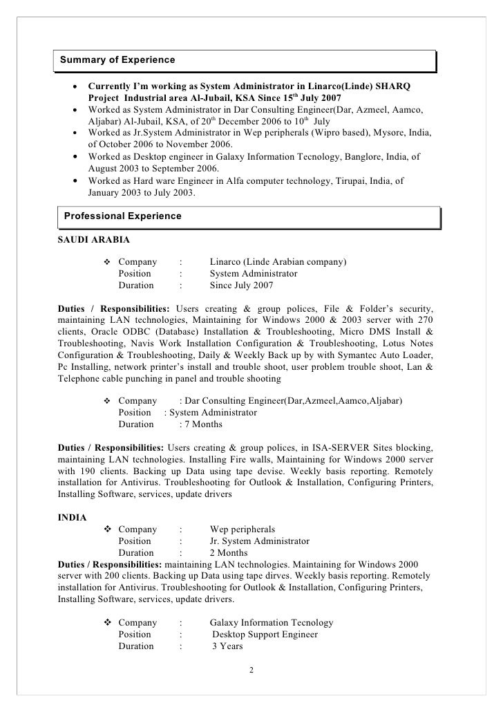 junior system administrator resumes