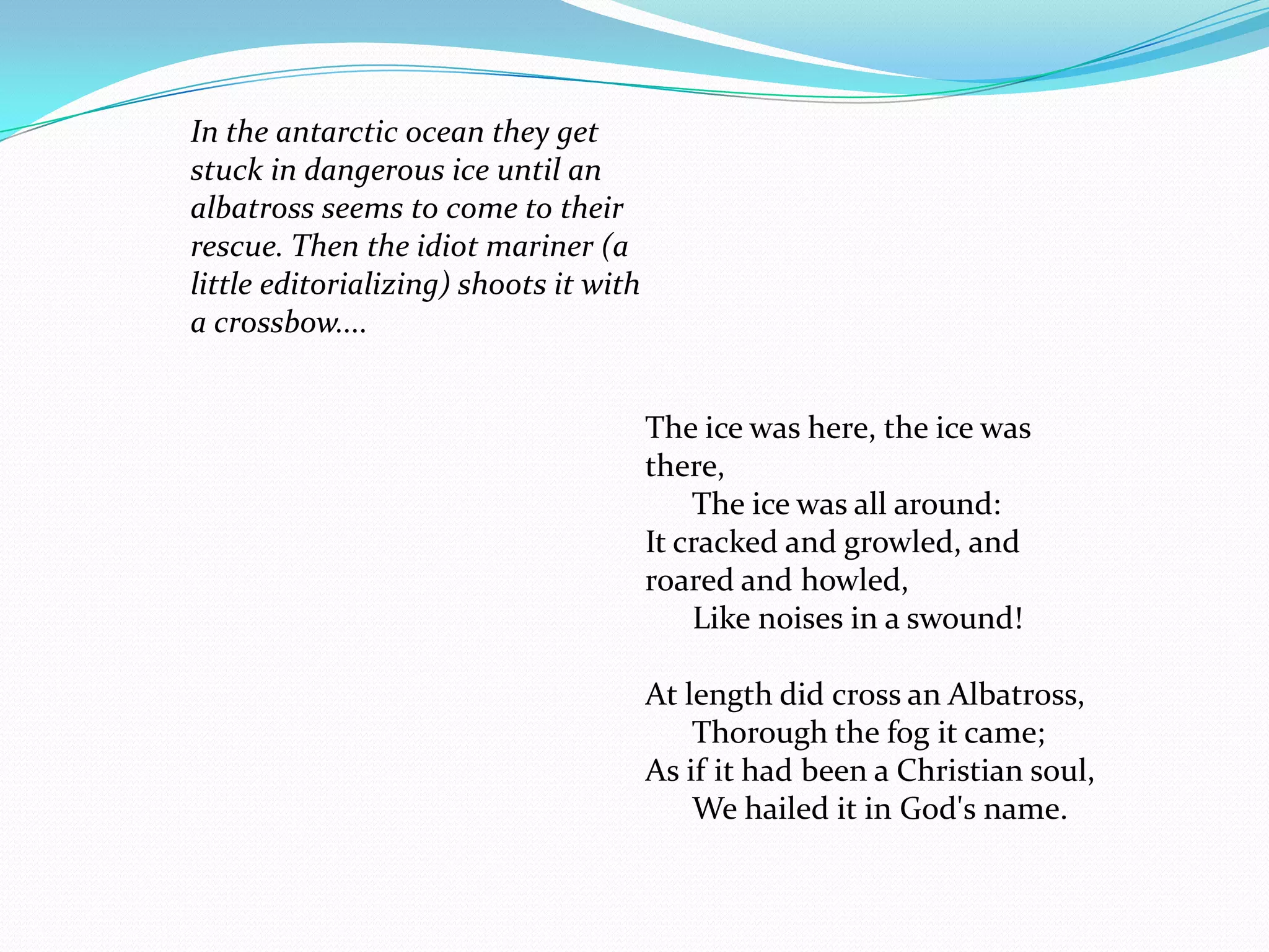 In the antarctic ocean they get
stuck in dangerous ice until an
albatross seems to come to their
rescue. Then the idiot mariner (a
little editorializing) shoots it with
a crossbow....


                                        The ice was here, the ice was
                                        there,
                                            The ice was all around:
                                        It cracked and growled, and
                                        roared and howled,
                                            Like noises in a swound!

                                        At length did cross an Albatross,
                                            Thorough the fog it came;
                                        As if it had been a Christian soul,
                                            We hailed it in God's name.
 