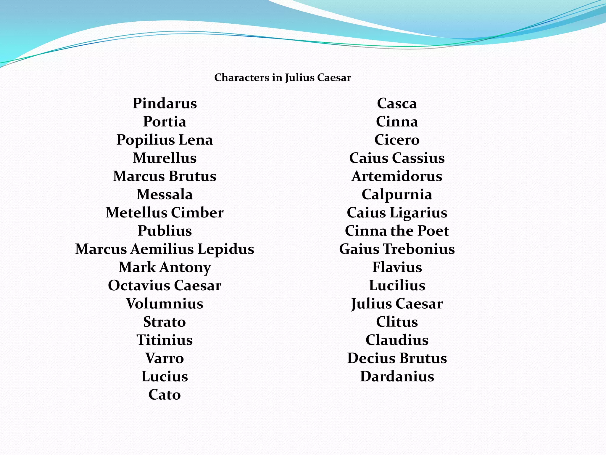 Characters in Julius Caesar

       Pindarus                                Casca
         Portia                                Cinna
     Popilius Lena                             Cicero
       Murellus                           Caius Cassius
    Marcus Brutus                          Artemidorus
        Messala                              Calpurnia
   Metellus Cimber                        Caius Ligarius
        Publius                           Cinna the Poet
Marcus Aemilius Lepidus                  Gaius Trebonius
     Mark Antony                              Flavius
    Octavius Caesar                           Lucilius
      Volumnius                            Julius Caesar
         Strato                                Clitus
        Titinius                             Claudius
         Varro                            Decius Brutus
         Lucius                             Dardanius
          Cato
 