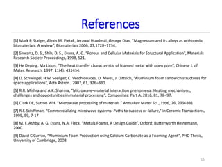 References
[1] Mark P. Staiger, Alexis M. Pietak, Jerawal Huadmai, George Dias, ”Magnesium and its alloys as orthopedic
biomaterials: A review”, Biomaterials 2006, 27,1728–1734.
[2] Shwartz, D. S., Shih, D. S., Evans, A. G. “Porous and Cellular Materials for Structural Application”, Materials
Research Society Proceedings, 1998, 521,
[3] He Deping, Ma Liqun, “The heat transfer characteristic of foamed metal with open pore”, Chinese J. of
Mater. Research, 1997, 11(4): 431434.
[4] D. Schwingel, H.W. Seeliger, C. Vecchionaces, D. Alwes, J. Dittrich, “Aluminium foam sandwich structures for
space applications”, Acta Astron., 2007, 61, 326–330.
[5] R.R. Mishra and A.K. Sharma, “Microwave–material interaction phenomena: Heating mechanisms,
challenges and opportunities in material processing”, Composites: Part A, 2016, 81, 78–97.
[6] Clark DE, Sutton WH. “Microwave processing of materials.” Annu Rev Mater Sci., 1996, 26, 299–331
[7] R.F. Schiffman, “Commercializing microwave systems: Paths to success or failure,” in Ceramic Transactions,
1995, 59, 7-17
[8] M. F. Ashby, A. G. Evans, N.A. Fleck, “Metals Foams, A Design Guide”, Oxford: Butterworth Heinemann,
2000.
[9] David C.Curran, “Aluminium Foam Production using Calcium Carbonate as a Foaming Agent”, PHD Thesis,
University of Cambridge, 2003
15
 