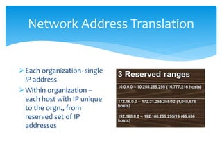 Network Address Translation
Each organization- single
IP address
Within organization –
each host with IP unique
to the orgn., from
reserved set of IP
addresses
 