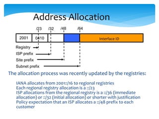 Address Allocation
2001 0410
ISP prefix
Site prefix
Subnet prefix
/32 /48 /64
Registry
/23
Interface ID
The allocation process was recently updated by the registries:
IANA allocates from 2001::/16 to regional registries
Each regional registry allocation is a ::/23
ISP allocations from the regional registry is a ::/36 (immediate
allocation) or ::/32 (initial allocation) or shorter with justification
Policy expectation that an ISP allocates a ::/48 prefix to each
customer
 