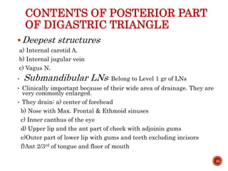 CONTENTS OF POSTERIOR PART
OF DIGASTRIC TRIANGLE
Deepest structures:
a) Internal carotid A.
b) Internal jugular vein
c) Vagus N.
• Submandibular LNs: Belong to Level 1 gr of LNs
• Clinically important because of their wide area of drainage. They are
very commonly enlarged.
• They drain: a) center of forehead
b) Nose with Max. Frontal & Ethmoid sinuses
c) Inner canthus of the eye
d) Upper lip and the ant part of cheek with adjoinin gums
e)Outer part of lower lip with gums and teeth excluding incisors
f)Ant 2/3rd of tongue and floor of mouth
15
 