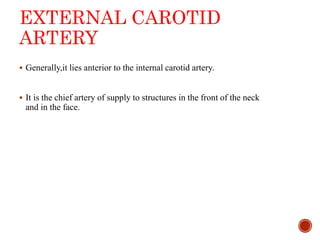 EXTERNAL CAROTID
ARTERY
 Generally,it lies anterior to the internal carotid artery.
 It is the chief artery of supply to structures in the front of the neck
and in the face.
 