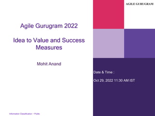 Information Classification − Public
agilegurugram.com)
Date & Time :
Oct 29, 2022 11:30 AM IST
Agile Gurugram 2022
Idea to Value and Success
Measures
Mohit Anand
 