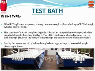 TEST BATH 
IN LINE TYPE:- 
 Filled LPG cylinders are passed through a water trough to detect leakage of LPG through 
cyli...