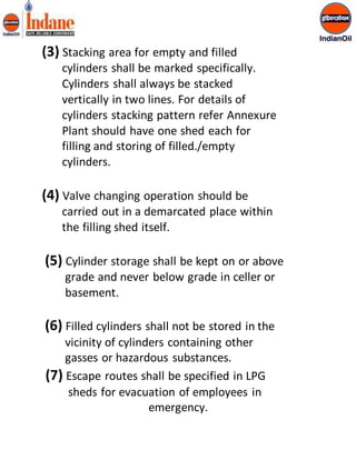 (3) Stacking area for empty and filled 
cylinders shall be marked specifically. 
Cylinders shall always be stacked 
vertically in two lines. For details of 
cylinders stacking pattern refer Annexure 
Plant should have one shed each for 
filling and storing of filled./empty 
cylinders. 
(4) Valve changing operation should be 
carried out in a demarcated place within 
the filling shed itself. 
(5) Cylinder storage shall be kept on or above 
grade and never below grade in celler or 
basement. 
(6) Filled cylinders shall not be stored in the 
vicinity of cylinders containing other 
gasses or hazardous substances. 
(7) Escape routes shall be specified in LPG 
sheds for evacuation of employees in 
emergency. 
 