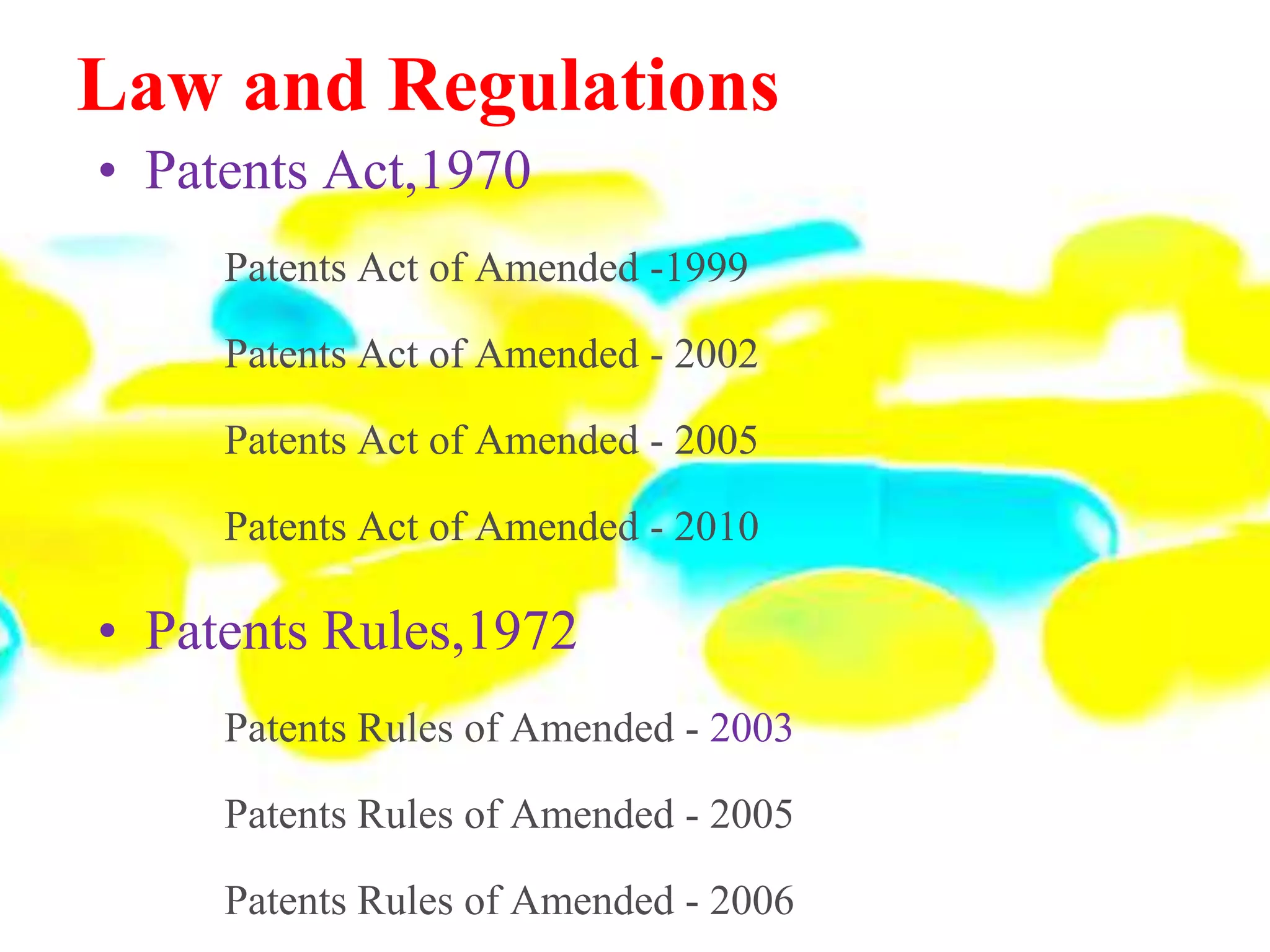 Law and Regulations
• Patents Act,1970
Patents Act of Amended -1999
Patents Act of Amended - 2002
Patents Act of Amended - 2005
Patents Act of Amended - 2010
• Patents Rules,1972
Patents Rules of Amended - 2003
Patents Rules of Amended - 2005
Patents Rules of Amended - 2006
 