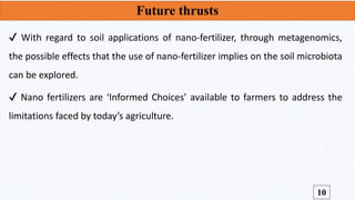 Future thrusts
✔️ With regard to soil applications of nano-fertilizer, through metagenomics,
the possible effects that the...