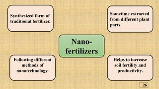 Nano-
fertilizers
Sometime extracted
from different plant
parts.
Helps to increase
soil fertility and
productivity.
Follow...