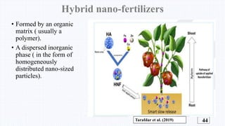 Hybrid nano-fertilizers
• Formed by an organic
matrix ( usually a
polymer).
• A dispersed inorganic
phase ( in the form of...