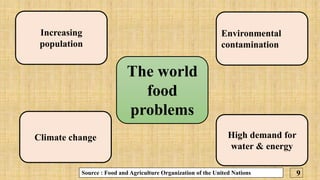 The world
food
problems
Environmental
contamination
High demand for
water & energy
Climate change
Increasing
population
9
...