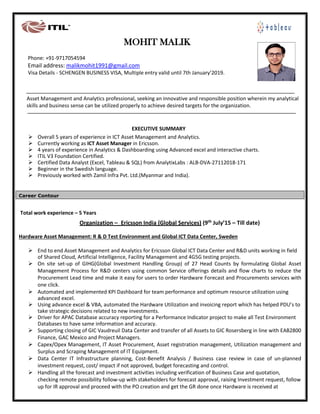 MOHIT MALIK
Phone: +91-9717054594
Email address: malikmohit1991@gmail.com
Visa Details - SCHENGEN BUSINESS VISA, Multiple entry valid until 7th January’2019.
Asset Management and Analytics professional, seeking an innovative and responsible position wherein my analytical
skills and business sense can be utilized properly to achieve desired targets for the organization.
EXECUTIVE SUMMARY
➢ Overall 5 years of experience in ICT Asset Management and Analytics.
➢ Currently working as ICT Asset Manager in Ericsson.
➢ 4 years of experience in Analytics & Dashboarding using Advanced excel and interactive charts.
➢ ITIL V3 Foundation Certified.
➢ Certified Data Analyst (Excel, Tableau & SQL) from AnalytixLabs : ALB-DVA-27112018-171
➢ Beginner in the Swedish language.
➢ Previously worked with Zamil Infra Pvt. Ltd.(Myanmar and India).
Career Contour
Total work experience – 5 Years
Organization – Ericsson India (Global Services) (9th July’15 – Till date)
Hardware Asset Management: R & D Test Environment and Global ICT Data Center, Sweden
➢ End to end Asset Management and Analytics for Ericsson Global ICT Data Center and R&D units working in field
of Shared Cloud, Artificial Intelligence, Facility Management and 4G5G testing projects.
➢ On site set-up of GIHG(Global Investment Handling Group) of 27 Head Counts by formulating Global Asset
Management Process for R&D centers using common Service offerings details and flow charts to reduce the
Procurement Lead time and make it easy for users to order Hardware Forecast and Procurements services with
one click.
➢ Automated and implemented KPI Dashboard for team performance and optimum resource utilization using
advanced excel.
➢ Using advance excel & VBA, automated the Hardware Utilization and invoicing report which has helped PDU’s to
take strategic decisions related to new investments.
➢ Driver for APAC Database accuracy reporting for a Performance Indicator project to make all Test Environment
Databases to have same information and accuracy.
➢ Supporting closing of GIC Vaudreuil Data Center and transfer of all Assets to GIC Rosersberg in line with EAB2800
Finance, GAC Mexico and Project Managers.
➢ Capex/Opex Management, IT Asset Procurement, Asset registration management, Utilization management and
Surplus and Scraping Management of IT Equipment.
➢ Data Center IT Infrastructure planning, Cost-Benefit Analysis / Business case review in case of un-planned
investment request, cost/ impact if not approved, budget forecasting and control.
➢ Handling all the forecast and investment activities including verification of Business Case and quotation,
checking remote possibility follow-up with stakeholders for forecast approval, raising Investment request, follow
up for IR approval and proceed with the PO creation and get the GR done once Hardware is received at
 