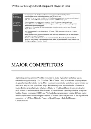 MAJOR COMPETITORS
Agriculture employs almost 50% of the workforce in India. Agriculture and allied sectors
contribute to approximately 15%-17% of the GDP of India. India is the second largest producer
of agricultural products in the world. There is constant search in the agricultural sector for new and
innovative ways to raise agricultural output.The most important requirement for a farmer is a
tractor. But the price of a tractor is between 4 lakhs to 10 lakhs and hence it is not possible for
most farmers to invest in one on their own.This is where external financing comes in. Many non-
banking finance companies (NBFC) and PSU banks have arrangements with the different tractor
manufacturers in the country and provide loans to farmers for tractor purchase. In this regard chief
competitors of LTFS are Mahindra Finance > Kotak Finance > IndusInd Finance >
Cholamandalam.
 