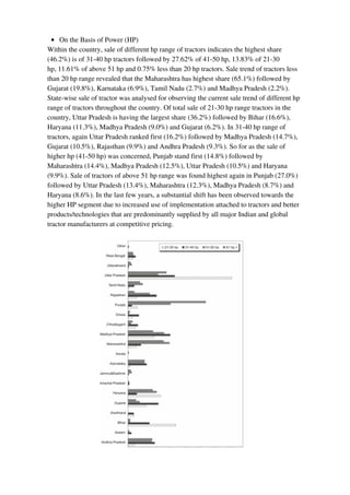 On the Basis of Power (HP)
Within the country, sale of different hp range of tractors indicates the highest share
(46.2%) is of 31-40 hp tractors followed by 27.62% of 41-50 hp, 13.83% of 21-30
hp, 11.61% of above 51 hp and 0.75% less than 20 hp tractors. Sale trend of tractors less
than 20 hp range revealed that the Maharashtra has highest share (65.1%) followed by
Gujarat (19.8%), Karnataka (6.9%), Tamil Nadu (2.7%) and Madhya Pradesh (2.2%).
State-wise sale of tractor was analysed for observing the current sale trend of different hp
range of tractors throughout the country. Of total sale of 21-30 hp range tractors in the
country, Uttar Pradesh is having the largest share (36.2%) followed by Bihar (16.6%),
Haryana (11.3%), Madhya Pradesh (9.0%) and Gujarat (6.2%). In 31-40 hp range of
tractors, again Uttar Pradesh ranked first (16.2%) followed by Madhya Pradesh (14.7%),
Gujarat (10.5%), Rajasthan (9.9%) and Andhra Pradesh (9.3%). So for as the sale of
higher hp (41-50 hp) was concerned, Punjab stand first (14.8%) followed by
Maharashtra (14.4%), Madhya Pradesh (12.5%), Uttar Pradesh (10.5%) and Haryana
(9.9%). Sale of tractors of above 51 hp range was found highest again in Punjab (27.0%)
followed by Uttar Pradesh (13.4%), Maharashtra (12.3%), Madhya Pradesh (8.7%) and
Haryana (8.6%). In the last few years, a substantial shift has been observed towards the
higher HP segment due to increased use of implementation attached to tractors and better
products/technologies that are predominantly supplied by all major Indian and global
tractor manufacturers at competitive pricing.
 