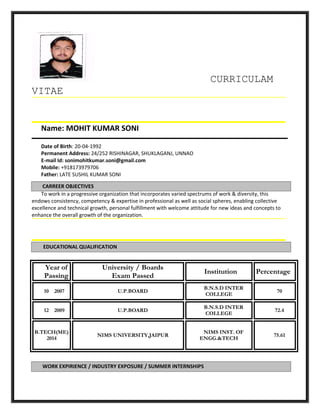 CURRICULAM
VITAE
Name: MOHIT KUMAR SONI
Date of Birth: 20-04-1992
Permanent Address: 24/252 RISHINAGAR, SHUKLAGANJ, UNNAO
E-mail Id: sonimohitkumar.soni@gmail.com
Mobile: +918173979706
Father: LATE SUSHIL KUMAR SONI
To work in a progressive organization that incorporates varied spectrums of work & diversity, this
endows consistency, competency & expertise in professional as well as social spheres, enabling collective
excellence and technical growth, personal fulfillment with welcome attitude for new ideas and concepts to
enhance the overall growth of the organization.
Year of
Passing
University / Boards
Exam Passed
Institution Percentage
10 2007 U.P.BOARD
B.N.S.D INTER
COLLEGE
70
12 2009 U.P.BOARD
B.N.S.D INTER
COLLEGE
72.4
B.TECH(ME)
2014
NIMS UNIVERSITY,JAIPUR
NIMS INST. OF
ENGG.&TECH
75.61
CARREER OBJECTIVES
EDUCATIONAL QUALIFICATION
WORK EXPIRIENCE / INDUSTRY EXPOSURE / SUMMER INTERNSHIPS
 
