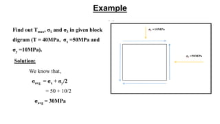Example
Find out Tmax, σ1 and σ3 in given block
digram (T = 40MPa, σx =50MPa and
σy =10MPa).
Solution:
We know that,
σavg = σx + σy/2
= 50 + 10/2
σavg = 30MPa
 