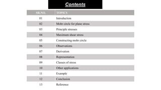 Contents
SR.NO. TOPICS
01 Introduction
02 Mohr circle for plane stress
03 Principle stresses
04 Maximum shear stress
05 Constructing mohr circle
06 Observations
07 Derivation
08 Representation
09 Classes of stress
10 Other applications
11 Example
12 Conclusion
13 Reference
 