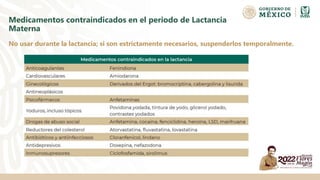 Medicamentos contraindicados en el periodo de Lactancia
Materna
No usar durante la lactancia; si son estrictamente necesarios, suspenderlos temporalmente.
 