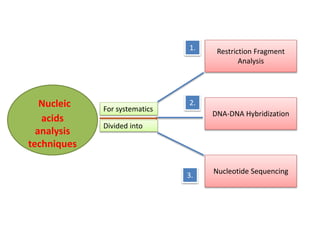 Restriction Fragment
Analysis
Nucleic
acids
analysis
techniques
DNA-DNA Hybridization
Nucleotide Sequencing
For systematics
Divided into
1.
3.
2.
 