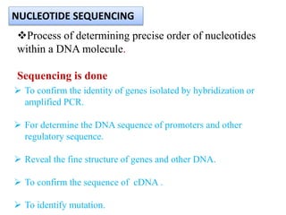 Process of determining precise order of nucleotides
within a DNA molecule.
Sequencing is done
NUCLEOTIDE SEQUENCING
 To confirm the identity of genes isolated by hybridization or
amplified PCR.
 For determine the DNA sequence of promoters and other
regulatory sequence.
 Reveal the fine structure of genes and other DNA.
 To confirm the sequence of cDNA .
 To identify mutation.
 