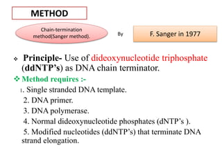 METHOD
 Principle- Use of dideoxynucleotide triphosphate
(ddNTP’s) as DNA chain terminator.
Method requires :-
1. Single stranded DNA template.
2. DNA primer.
3. DNA polymerase.
4. Normal dideoxynucleotide phosphates (dNTP’s ).
5. Modified nucleotides (ddNTP’s) that terminate DNA
strand elongation.
Chain-termination
method(Sanger method). F. Sanger in 1977By
 