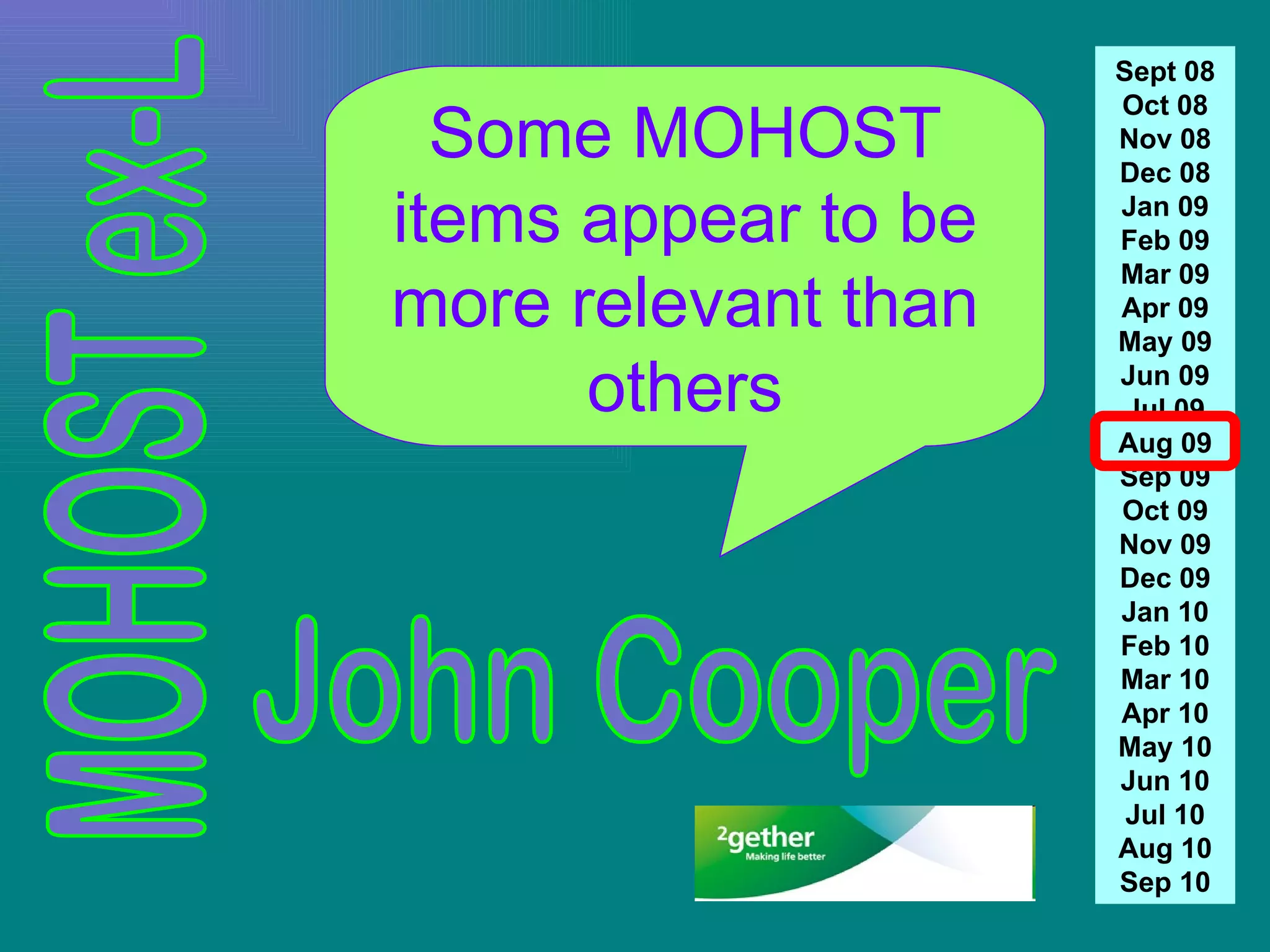 John Cooper Some MOHOST items appear to be more relevant than others Sept 08 Oct 08 Nov 08 Dec 08 Jan 09 Feb 09 Mar 09 Apr 09 May 09 Jun 09 Jul 09 Aug 09 Sep 09 Oct 09 Nov 09 Dec 09 Jan 10 Feb 10 Mar 10 Apr 10 May 10 Jun 10 Jul 10 Aug 10 Sep 10 