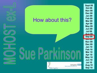 Sue Parkinson How about this? Sept 08 Oct 08 Nov 08 Dec 08 Jan 09 Feb 09 Mar 09 Apr 09 May 09 Jun 09 Jul 09 Aug 09 Sep 09 Oct 09 Nov 09 Dec 09 Jan 10 Feb 10 Mar 10 Apr 10 May 10 Jun 10 Jul 10 Aug 10 Sep 10 