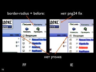 border-radius + before:        нет png24 ﬁx




                           нет уголка

              FF                         IE
16
 