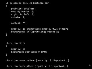 .b-button:before, .b-button:after
{
    position: absolute;
    top: 0; bottom: 0;
    right: 0; left: 0;
    z-index: 1;
    
    content: '';
    
    opacity: 1; transition: opacity 0.2s linear;
    background: url(sprite.png) repeat-x;
}



.b-button:after
{
    opacity: 0;
    background-position: 0 100%;
}

.b-button:hover:before { opacity: 0 !important; }

                                                    36
.b-button:hover:after { opacity: 1 !important; }
 