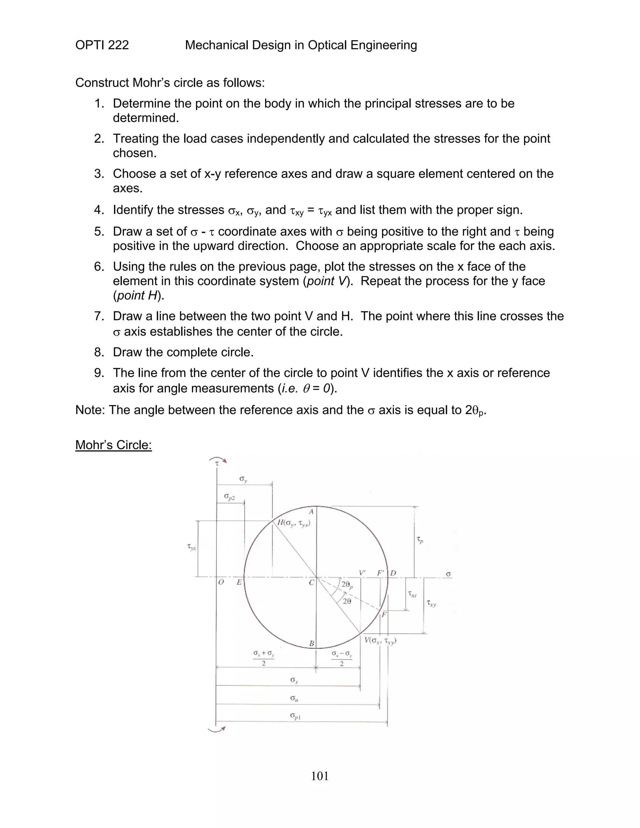 OPTI 222 Mechanical Design in Optical Engineering
101
Construct Mohr’s circle as follows:
1. Determine the point on the body in which the principal stresses are to be
determined.
2. Treating the load cases independently and calculated the stresses for the point
chosen.
3. Choose a set of x-y reference axes and draw a square element centered on the
axes.
4. Identify the stresses σx, σy, and τxy = τyx and list them with the proper sign.
5. Draw a set of σ - τ coordinate axes with σ being positive to the right and τ being
positive in the upward direction. Choose an appropriate scale for the each axis.
6. Using the rules on the previous page, plot the stresses on the x face of the
element in this coordinate system (point V). Repeat the process for the y face
(point H).
7. Draw a line between the two point V and H. The point where this line crosses the
σ axis establishes the center of the circle.
8. Draw the complete circle.
9. The line from the center of the circle to point V identifies the x axis or reference
axis for angle measurements (i.e. θ = 0).
Note: The angle between the reference axis and the σ axis is equal to 2θp.
Mohr’s Circle:
 