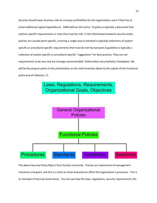 11


Security should lower business risks to increase profitability for the organization, even if that has to

entail additional capital expenditures. SANS defines the terms: “A policy is typically a document that

outlines specific requirements or rules that must be met. In the information/network security realm,

policies are usually point-specific, covering a single area.A standard is typically collections of system-

specific or procedural-specific requirements that must be met by everyone.A guideline is typically a

collection of system specific or procedural specific "suggestions" for best practice. They are not

requirements to be met, but are strongly recommended” (Information SecurityPolicy Templates). We

will be focusing on policy in this presentation as the chart branches down to the subset of the functional

policy branch (Watson, 7):




The above Security Policy Map is from Purdue University. Policies are statements of management

intentions and goals, and this is a chart to show how policies affect the organization’s processes. This is

an example of Security Governance. You can see how the laws, regulations, security requirements, the
 