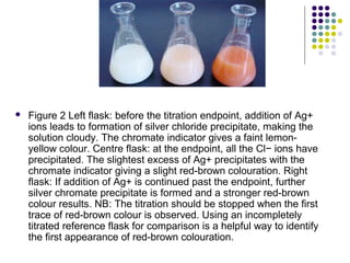  Figure 2 Left flask: before the titration endpoint, addition of Ag+ 
ions leads to formation of silver chloride precipitate, making the 
solution cloudy. The chromate indicator gives a faint lemon-yellow 
colour. Centre flask: at the endpoint, all the Cl− ions have 
precipitated. The slightest excess of Ag+ precipitates with the 
chromate indicator giving a slight red-brown colouration. Right 
flask: If addition of Ag+ is continued past the endpoint, further 
silver chromate precipitate is formed and a stronger red-brown 
colour results. NB: The titration should be stopped when the first 
trace of red-brown colour is observed. Using an incompletely 
titrated reference flask for comparison is a helpful way to identify 
the first appearance of red-brown colouration. 
 