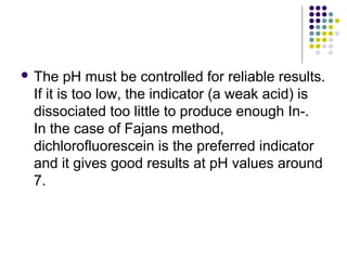  The pH must be controlled for reliable results. 
If it is too low, the indicator (a weak acid) is 
dissociated too little to produce enough In-. 
In the case of Fajans method, 
dichlorofluorescein is the preferred indicator 
and it gives good results at pH values around 
7. 
 
