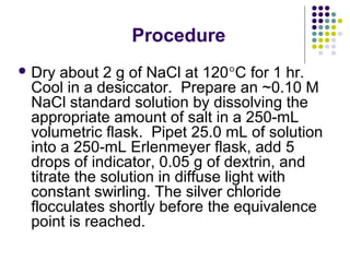Procedure 
Dry about 2 g of NaCl at 120°C for 1 hr. 
Cool in a desiccator. Prepare an ~0.10 M 
NaCl standard solution by dissolving the 
appropriate amount of salt in a 250-mL 
volumetric flask. Pipet 25.0 mL of solution 
into a 250-mL Erlenmeyer flask, add 5 
drops of indicator, 0.05 g of dextrin, and 
titrate the solution in diffuse light with 
constant swirling. The silver chloride 
flocculates shortly before the equivalence 
point is reached. 
 