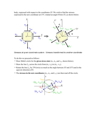body, expressed with respect to the coordinates XY. We wish to find the stresses
expressed in the new coordinate set X'Y', rotated an angle θ from XY, as shown below:
To do this we proceed as follows:
• Draw Mohr's circle for the given stress state (σx, σy, and τxy; shown below).
• Draw the line Lxy across the circle from (σx, τxy) to (σy, -τxy).
• Rotate the line Lxy by 2*θ (twice as much as the angle between XY and X'Y') and in the
opposite direction of θ.
• The stresses in the new coordinates (σx', σy', and τx'y') are then read off the circle.
 